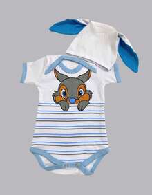 Body Bebê Menino Coelinho Touca Orelinha Conjunto Azul Fofo Páscoa Temático - Branco - Visão 3
