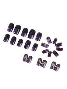 24pcs Medium Square False Nails, 3D Glitter Gold Star Sky Full Cover Removable Nail Art Set, Suitable For Women Party, Ball And Daily Wear - Purple - View 3