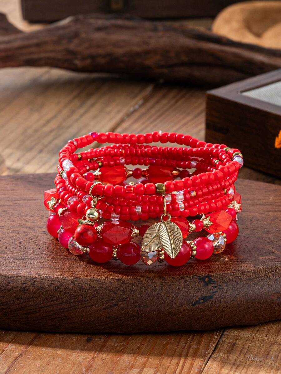 Set de 4 piezas de pulseras de joyería con cuentas de mijo - Rojo - Ver 1