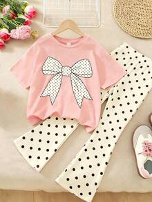 少女蝴蝶结波点图案套头衫圆领T恤袖+随机裁剪全印花波点喇叭裤春夏套装新款女童服装 - 粉色 - 查看 1
