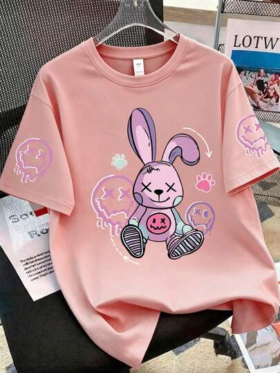 1pc Casual Loose Fit Short Sleeve T-Shirt For Tween Girls Featuring Dark Doll Print, Suitable For Spring/Summer Wear At School Or Outdoor, A Perfect Summer Gift