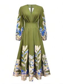 Vestido elegante bohemio de vacaciones con estampado floral y de hojas para mujer - Verde - Ver 4