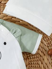 3pcs Baby Outfit Set, Newborn Bear Design Short Sleeve Bodysuit (With Snap Closure Collar) + Shorts + Ear Hat, Suitable For Infant Daily Wear - Mint Green - View 8
