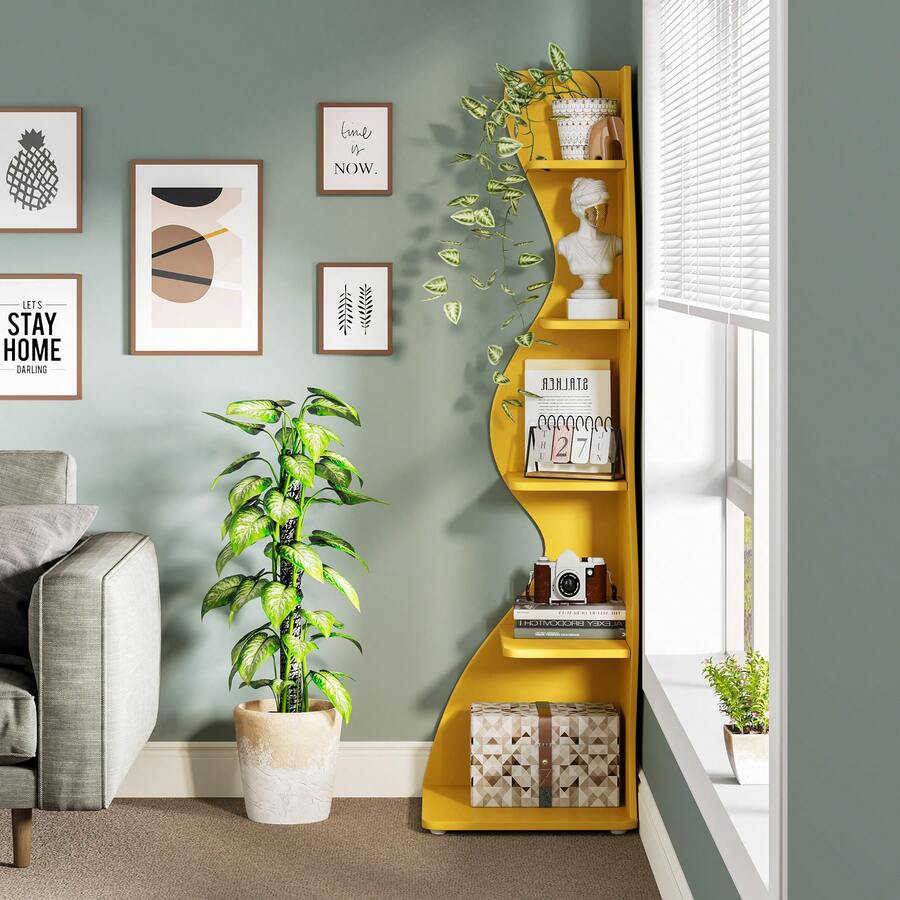 LITTLE TREE LITTLE TREE Corner Shelf, Modern 5-Tier Wall Corner Bookshelf, Stylish Corner Small Bookcase Storage Rack Plant Stand With Unique Shape For Living Room, Home Office,1PCS - Yellow - View 1