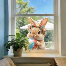 1/4pcs Summer Rabbit Static Cling Window Stickers, Beach Surfing Pond Rabbit Removable Glass Decor Stickers For Living Room, Office, Kitchen, DIY Art Mural, Holiday Supplies - Seaside Rabbit - View 5