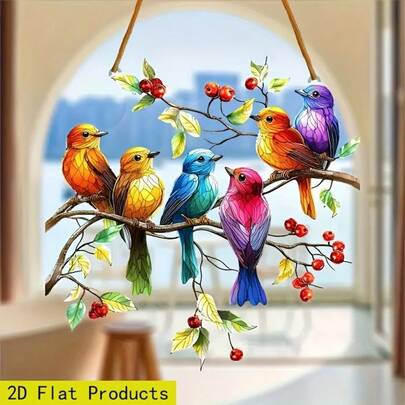 2D彩色小鸟造型阳光捕捉器，8英寸，色彩鲜艳的亚克力材质，可悬挂于窗户，适用于客厅、卧室、户外花园或阳台，易于悬挂——是馈赠亲朋好友的完美礼物，玻璃效果/图案
