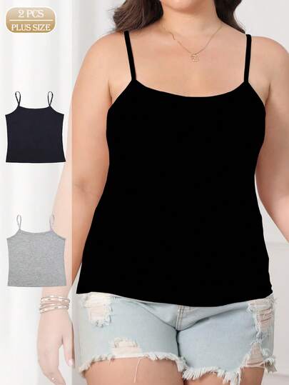 2 buc Topuri cu bretele camisole mărime plus, vestă camisole versatilă în culoare solidă, maieu cu bretele reglabile pentru femei, potrivite pentru toate anotimpurile
