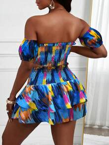 Women's Color Block Print Off-Shoulder Short Sleeve Casual 2 Pieces Set,Beach Set,Beach Vacation Outfits,Going Out Set,Summer Holiday Outfits - Multicolor - View 2
