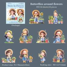 10pcs/Pack Cartoon Girl In Floral Scene Asymmetrical PET Stickers, Scrapbooking Supplies, Minimalist Floral Plant Collage Decorative Materials, Cute Waterproof Stickers, Stationery & School Supplies Scrapbook Supplies Funny Stickers Kindle - Rectangle - View 16