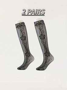 1/2/3双装性感玫瑰蕾丝小腿袜，轻盈透气网眼透视显腿长袜，法式复古黑色丝绸氛围女士袜子 - 彩色 - 查看 13