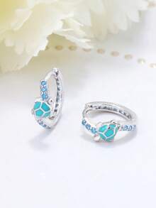 925 Sterling Silver Cute Blue Turtle Cubic Zirconia Hoop Earrings, Suitable For Daily Wear, Birthday Gift - Blue - View 3