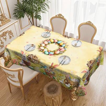 1pc Easter Themed Round/Rectangular Tablecloth, Polyester Fabric, Suitable For Home Dining & Party Decor, Spring Floral, Cartoon Rabbit, Eggs Design, Vintage Country Style, Perfect For Family Gathering, Party, Holiday Table Decor, Coffee Table, Tea Table, Dining Table, Housewarming & Holiday Gift