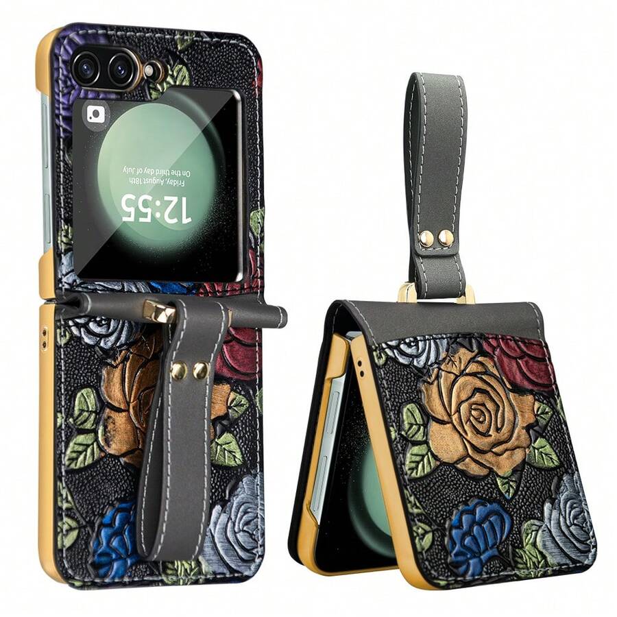VIETAO 高品質電鍍 PC 花卉設計人造皮革手機殼,相容 Galaxy Z Flip 3 4 5 6 7 Flip6 Flip5 Flip4 - 灰色 - 查看 1