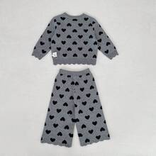 Bộ đồ dệt kim mùa xuân/thu cho bé gái, gồm áo len dài tay họa tiết trái tim và quần dài, kiểu dáng thường ngày, đa năng. - Màu Xám nhạt - Xem 4