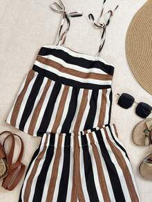 Third Introversion-Women's Spring/Summer Retro Color-Block Striped Top With Spaghetti Straps And Tie-Detail, Layered Blouse Paired With Matching Patterned Shorts - Multicolor - View 4