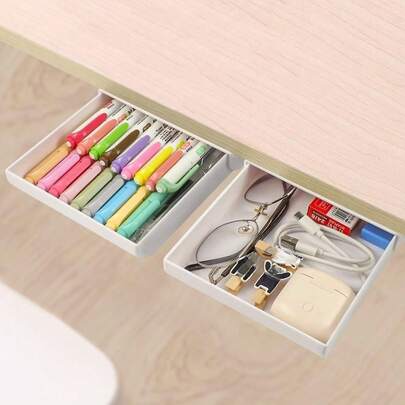 No-Drill Desk Drawer Organizer, Hidden Slide-Out Drawer Accessory With Self-Adhesive Function, Suitable For Desktop Organization, Can Be Hidden Under Desk, Used For Cosmetics, Makeup Brushes, Student Desk Stationery Storage