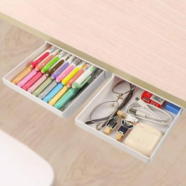 No-Drill Desk Drawer Organizer, Hidden Slide-Out Drawer Accessory With Self-Adhesive Function, Suitable For Desktop Organization, Can Be Hidden Under Desk, Used For Cosmetics, Makeup Brushes, Student Desk Stationery Storage