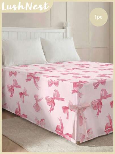 1件水彩粉色蝴蝶结数码印花床裙，粉色蝴蝶结系带，数码印花涤纶防尘裙，柔软透气，可机洗，适用于卧室装饰，少女风格装饰，床裙