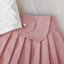 2pcs/Set Baby Girls' Floral Sleeveless Mandarin Collar Top And Pleated Pocket Skirt Casual Outfit, Spring/Summer - Pink - View 8
