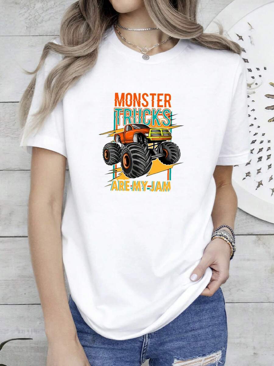 Women T-Shirt Print Monster Truck Are My Jam Sunset Baseball Cap Snapback Caps Knitted Bucket Hat - 白色 - 查看 1