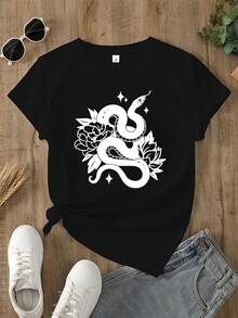 Camiseta de Impresión Gráfica, Manga Corta Cuello Redondo Top Casual para Verano y Primavera, Ropa para Hombres y Mujeres - Negro - View 7