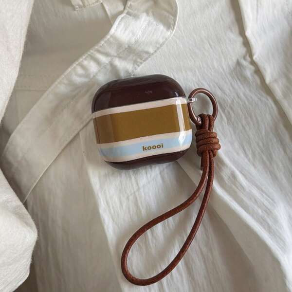 Minimalist Retro Mustard Green & Brown Striped + Brown Leather Cord Pro 2 Case, Cute Apple 4/3/2 Protective Cover, Suitable For Women