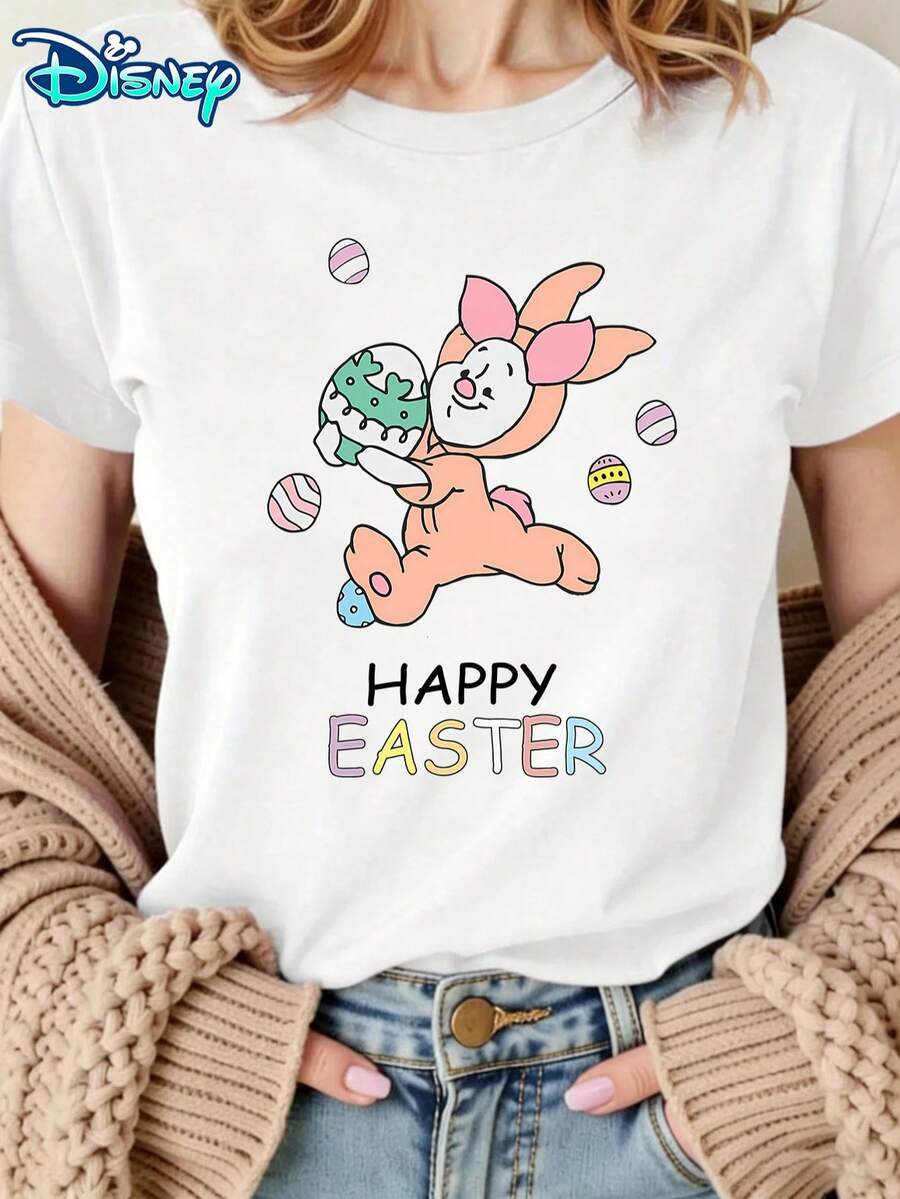 Disney Women's Mickey Mouse "Happy Easter" Bunny Outfit Holding Egg Short-Sleeved T-Shirt - Easter Egg & Typography Theme Round-Neck Top, Soft Cotton Breathable Fabric, Summer Casual Style, Suitable For Easter Celebrations - 白色 - 查看 1