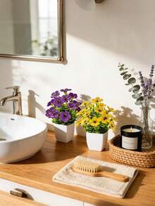 4 pièces Mini plantes artificielles en pot, convient pour la salle de bain, la chambre, le bureau. Fleurs artificielles à finition mate à assembler soi-même. Décoration de printemps de style ferme. Mini plantes artificielles pour étagère de bureau. Mini plantes artificielles en pot pour la décoration de la maison, de la salle de bain, du bureau, plantes artificielles d'intérieur - Blanc - Voir 2