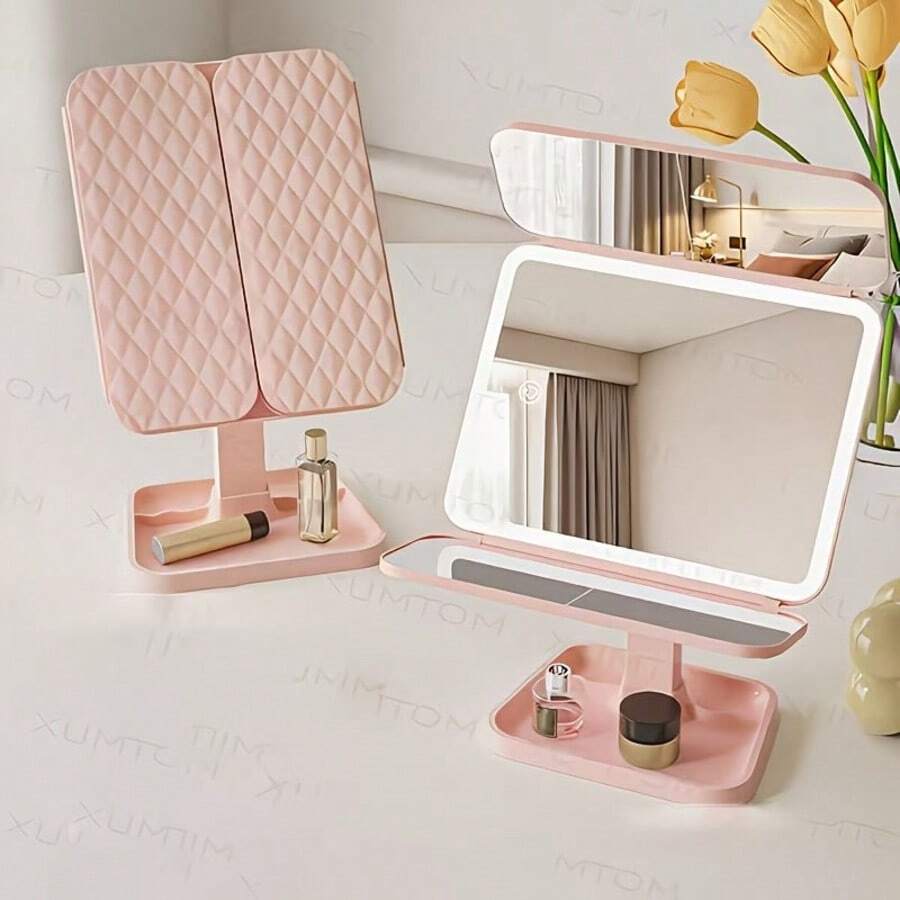 Mirror, Makeup Mirror, Smart LED Makeup Mirror, Multi-Functional Desktop Folding Mirror With Lamp, Adjustable Three-Color Light, 2x 3x Magnification Makeup Mirror, Make The Makeup More Detailed. Gift,Valentine's Day Gift - Pink - View 1