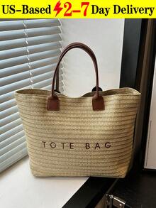 New Fashion Large Capacity Letter Decor Woven Straw Tote Bag, Minimalist Elegant Women Shoulder Handbag, Multi-Functional Commuter Casual Vacation Woven Straw Handbag, New Beach Vacation Shoulder Underarm Straw Large Bag, Eye-Catching Beach Bag Summer, Summer Straw Beach Bag For Women, Suitable For Commuting, Shopping, Beach Vacation And Beach. , Office, Holiday[US Local Warehouse]The Best Gift Choice, Birthday Gift,Holiday Bag - Nhiều màu - Xem 12