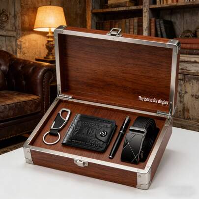 4pcs Men's Business Casual Accessory Set, Designed For Men, Includes Wallet, Belt, Key Holder, Pen, Practical For Daily And Work Use, Suitable As Gift For Yourself Or Loved Ones On St. Patrick's Day, Wedding Season, Graduation, Back To School, Birthday, Valentine's Day, Anniversary