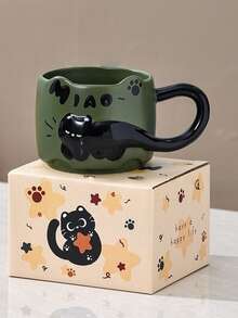 1pc Black Cat Relief Ceramic Mug, Heat-Resistant Cup, Suitable For Breakfast, Afternoon Tea, Home/Office Coffee Cup, Birthday Gift, Holiday Gift, Corporate Welfare, Gift For Boyfriend/Girlfriend, Mother's Day Gift - Multicolor - View 14