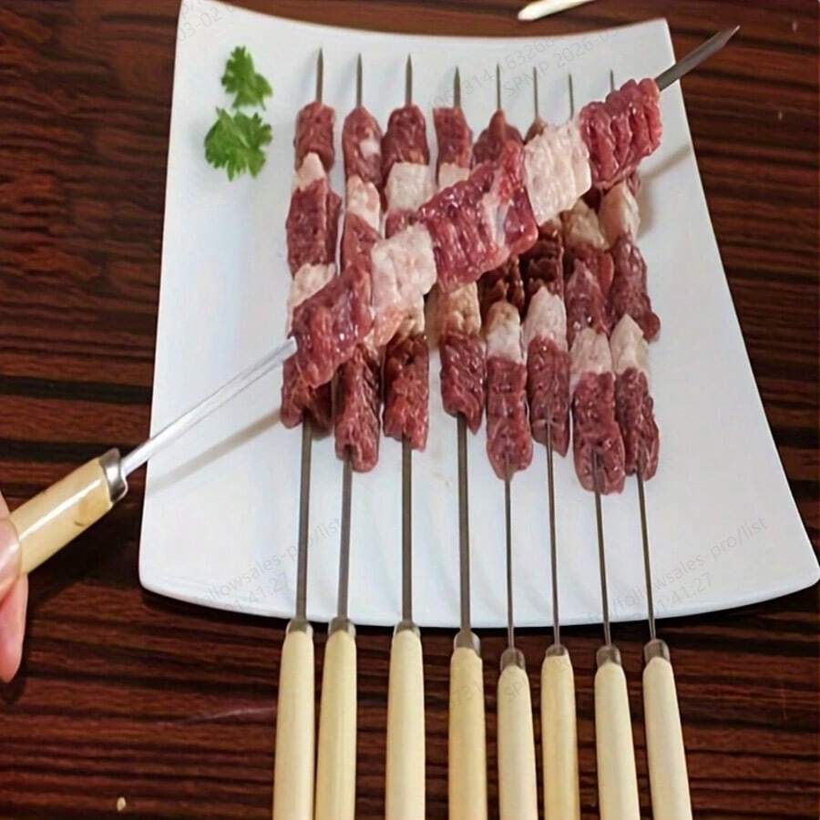 10支装不锈钢烧烤签 - 多功能金属木柄 - 户外烹饪烧烤用品 - 圓簽 - 查看 1