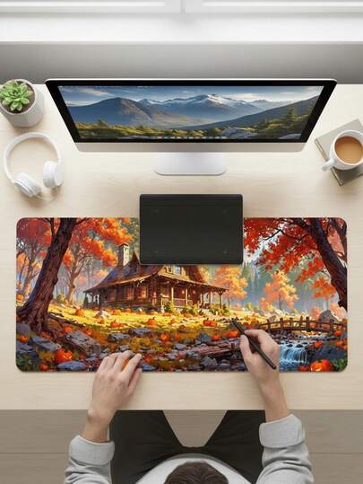 Large Size Waterproof Non-Slip Smooth Cloth Surface Autumn Cabin Pumpkin Illustration Pattern Mouse Pad, Also Suitable As Keyboard Pad, Desk Mat Or Book Stand, Suitable For Gamers, Office And Dorm Use, Compatible With Mouse And Trackball, Great Gift For Gamers