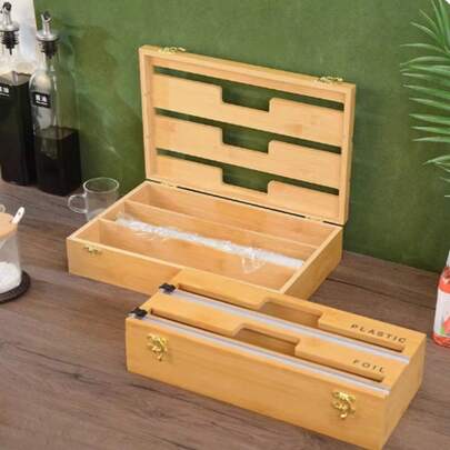 Organizador de cajón de bambú natural con múltiples compartimentos para papel de aluminio