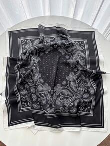 1条70*70厘米方形丝巾 女士缎面印花头巾 包巾 头带 时尚女士发巾 披肩 围巾 女士领巾 头巾 - 黑色 - 查看 2