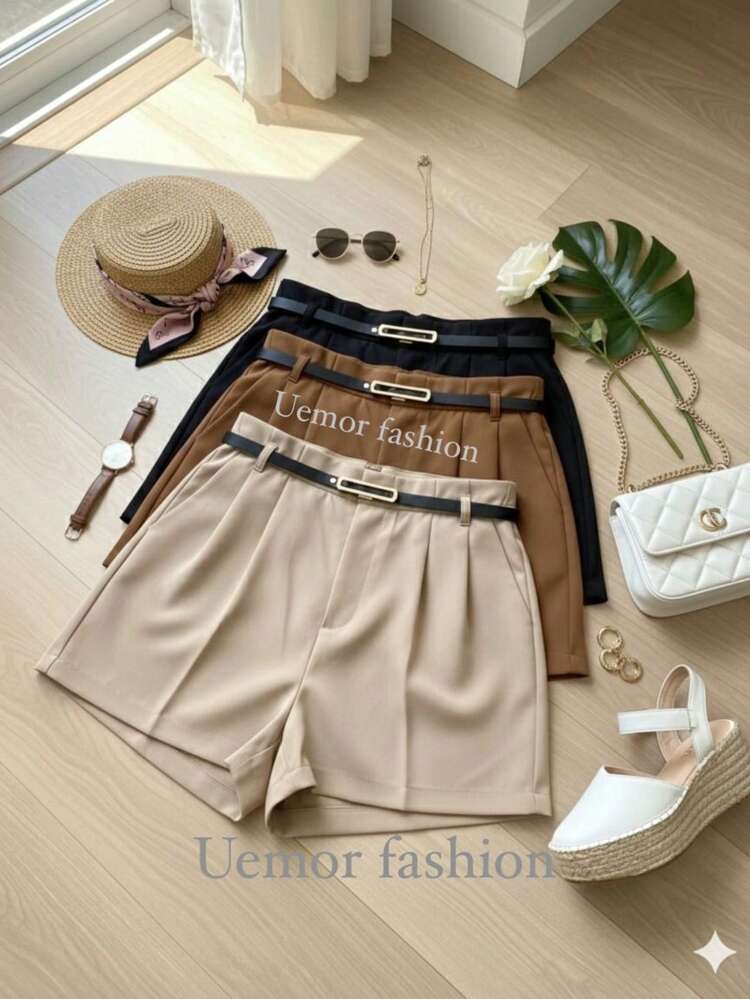 Kit 3 Shorts Casual Feminino Alfaiataria Com Cinto Tendencia Verão 2026  Bolso  Zíper  Com cinto - Preto/Caramelo e Bege - Visão 1