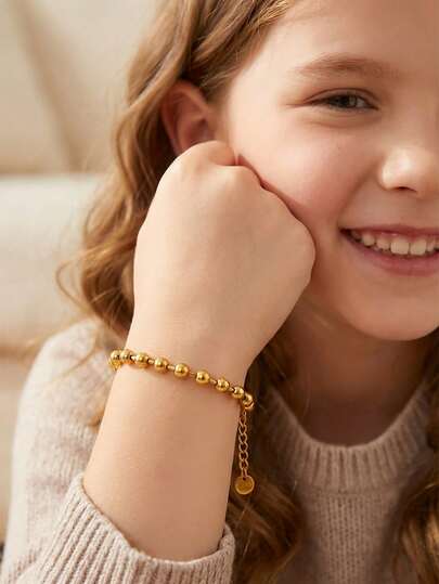 1pc Punk Hip Hop Style Stainless Steel Gold/Silver Round Bead Chain Bracelet For Kids Fashion Street Accessories For Daily Life, Boys Girls Unisex Jewelry, Back To School