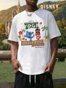 Men's White Pullover Short-Sleeved T-Shirt, Featuring Disney RunDisney Springtime Surprise Yoga Lettering And Lilo & Stitch Graphic Prints, Round Neck Casual And Comfortable T-Shirt, Breathable And Light, Suitable For Sports And Leisure Wear, Suitable For Gifts, Suitable For Parties. - 白色 - 查看 1