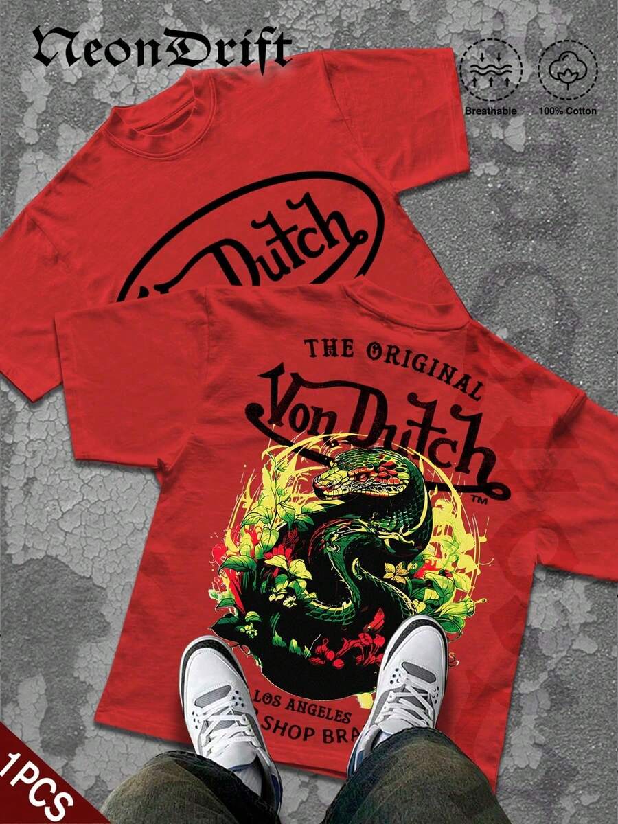 NeonDrift Double-Sided Printing Men's T-Shirt Men's Short-Sleeve T-Shirt100% Cotton Fabric Soft & Skin-Friendly Unisex Style Gifts For Spring Festival, Valentine's Day, St. Patrick's Day & World Cup-Van Dutch Dragon Print Men T Shirt Classic Americana Style Graphic Tee Streetwear Fashion Casual Wear For Car Enthusiasts And Vintage Culture Lovers - 紅色 - 查看 1