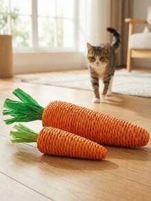 1个胡萝卜造型互动猫玩具，采用剑麻绳制成，帮助猫咪磨牙、啃咬和锻炼牙齿。内填充沙子，可发出声响，吸引猫咪。有大号和小号两种尺寸可选，适合各种体型的猫咪。室内猫咪用品。 - 查看 5