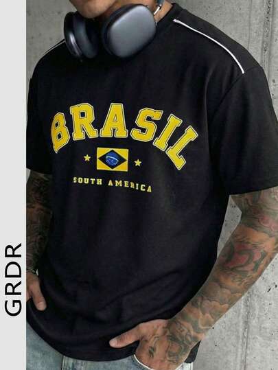  GRDR Men's Casual Round Neck Printed Patchwork Short Sleeve T-Shirt, Comfortable & Fashionable