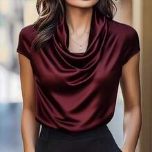 New Women's Clothing With A Draped Collar And A Draping Effect, Short-Sleeved Top, Versatile Shirt For Women - 酒紅色 - 查看 12