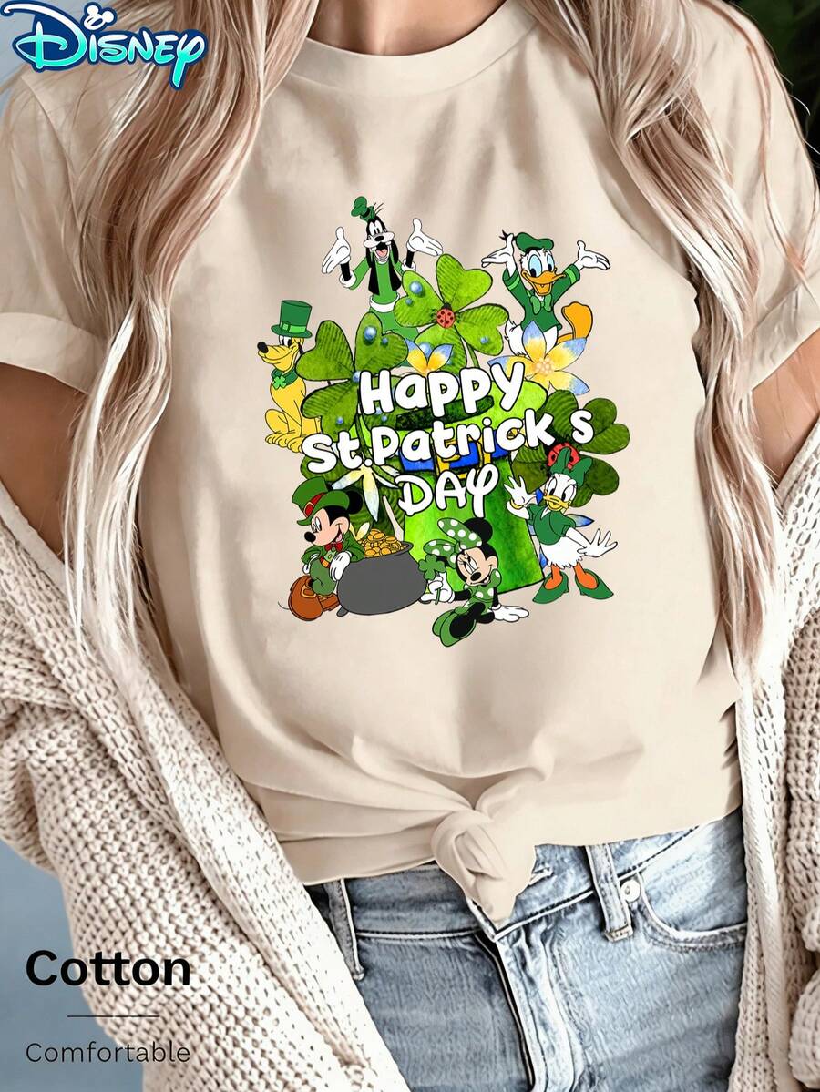 Disney Women's Mickey & Friends St. Patrick's Day Character Group Cartoon Pattern Short-Sleeved T-Shirt - Amusement Park Theme Round-Neck Top, Soft Cotton Breathable Fabric, Summer Casual Vacation Style, Fun Design, Suitable For Parade & Daily Leisure, Breathable And Comfortable - Màu be - Xem 1