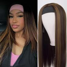 24英寸高密度直发发带假发，女士适用 - 编织假发，带发带，自然高光，半头假发设计，易于佩戴和造型 - 棕色 - 查看 8