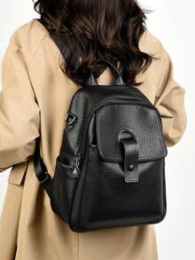 2026 女士休闲双肩包 设计师款高品质真皮女士单肩包 奢华书包 大容量背包 日常使用 - 黑色 - 查看 11