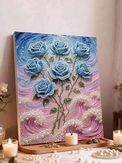 美丽的蓝色玫瑰，无框成人入门级DIY 5D钻石画套装，珍珠光泽，圆润高光泽珍珠质感，色彩鲜艳，粘性强，包含工具，适合初学者，缓解压力，新年、情人节、母亲节、教师节、圣诞节、感恩节的绝佳礼物，适合客厅、卧室、玄关等家居装饰，送给家人、朋友、女友、老师的礼物，有两种尺寸可选。