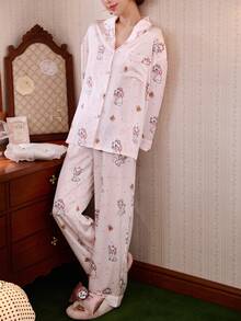 Gongdie 2pcs Disney Marie Cat Print Cotton Long Sleeve Pajama Set For Women, Spring/Autumn - Pink - View 1