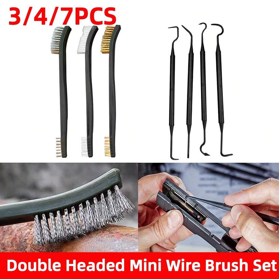 3/4/7PCS Double Headed Mini Wire Brush Set Automotive Detail Cleaning Tool Accessories Stainless Steel Brass Nylon Cleaning And Polishing Metal Rust Proof Brush Cleaning Tool - A - View 1