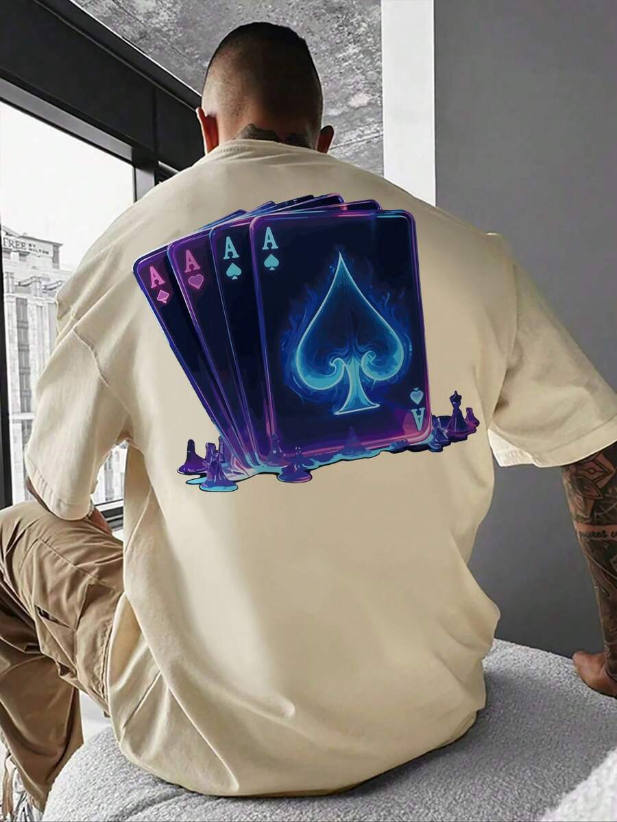 Men's Fashionable Versatile Cool Playing Card Print Round Neck Short Sleeve T-Shirt - Apricot - View 1
